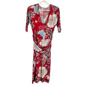 Etro A-Line Dress Red White Floral V-neck Short Sleeve Jersey Stretch Midi Sz 8
